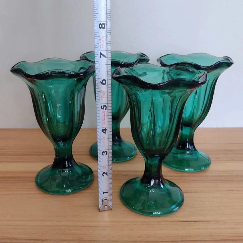 Vintage (4) Anchor Hocking Emerald Green Glass Ice Cream Dishes Tulip Footed